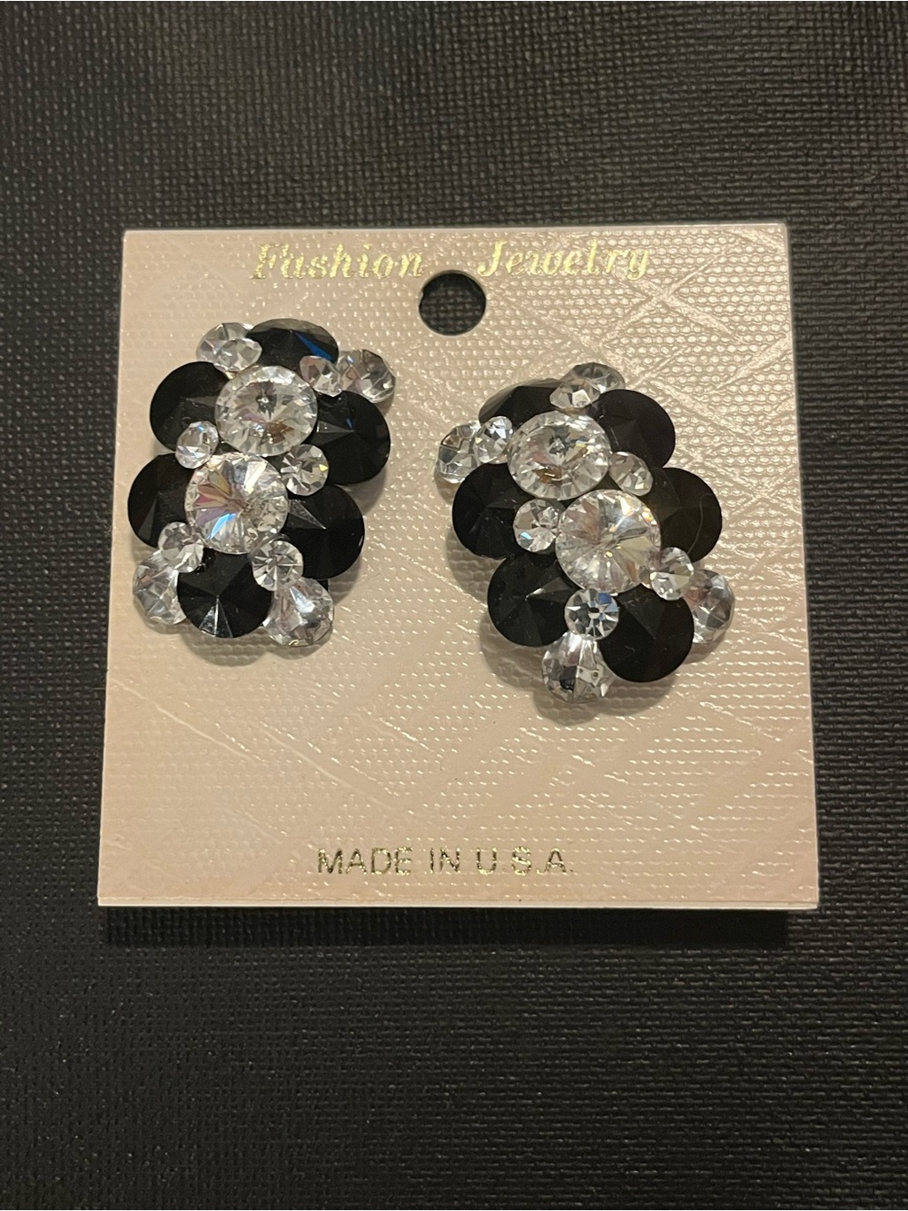Fashion Jewelry Black and Clear Crystal Floral Clip-On Earrings 1 1/2” long